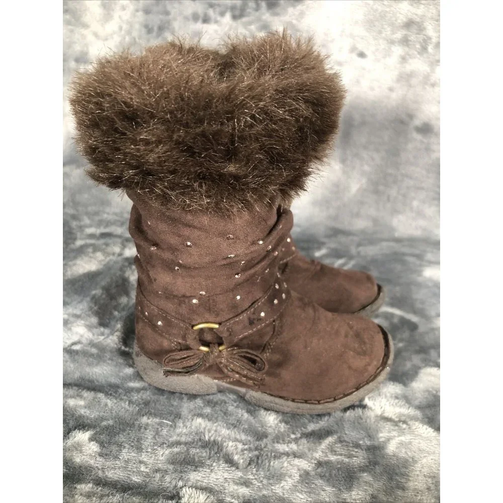 Piper Girls Boots Brown Bling Faux Fur Tops Size 7 - Picture 8 of 12